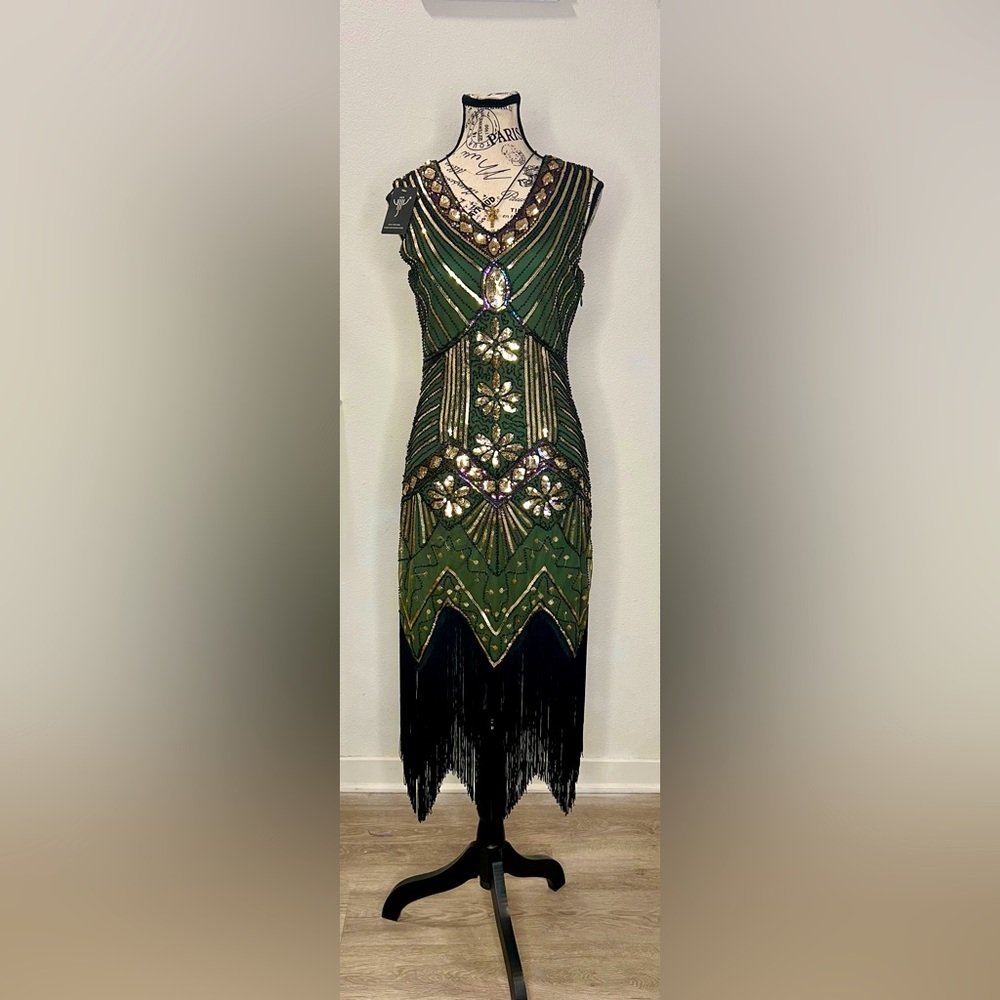 Elegant Green and Black Beaded Dress